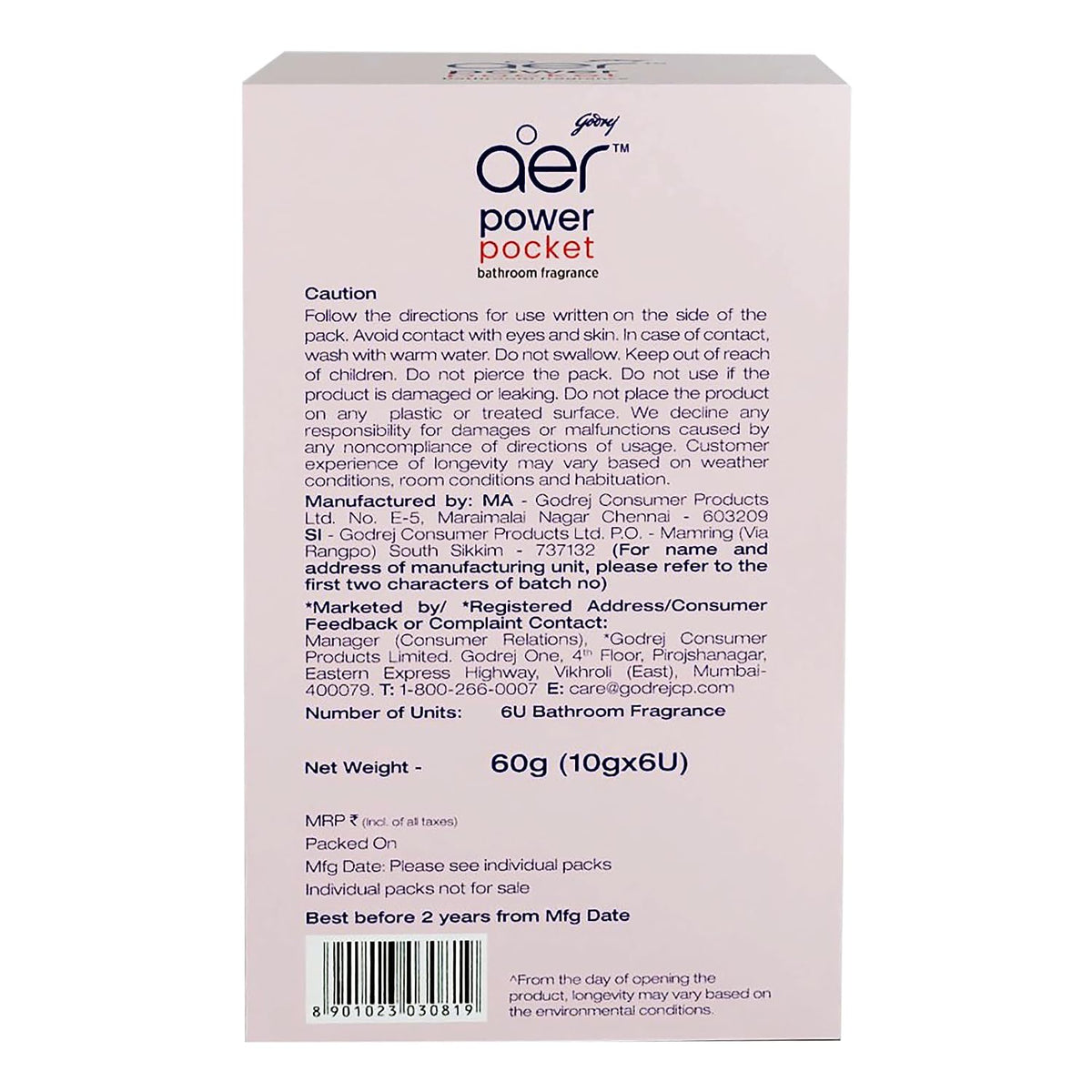 Godrej aer Power Pocket | Bathroom freshener – Assorted Pack of 6 | Lasts up to 30 days | Toilet freshener, 60g